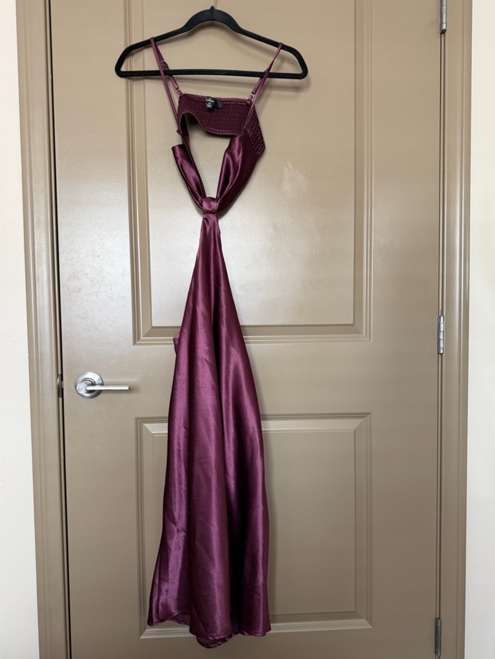 Lulu's Purple Satin Asymmetrical Midi Dress with Front Tie - Picture 2 of 2
